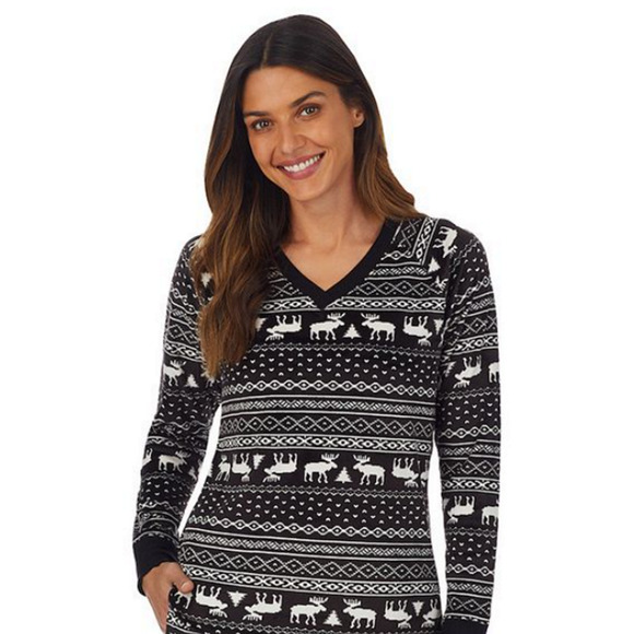 Cuddl Duds Velour Pajama Lounge Set Pockets Top Pants Black Moose Fair Isle L - Picture 2 of 5